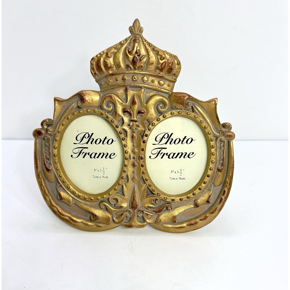 Vintage Ornate Gold Gypsum Double Photo Frame Regal Crown Fleur De Lis 3x3.5